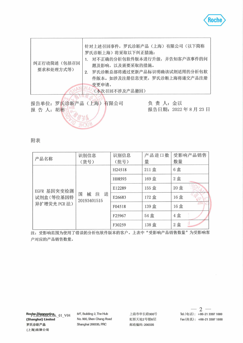 罗氏诊断产品（上海）有限公司对EGFR基因突变检测试剂盒(等位基因特异扩增荧光PCR法) 主动召回