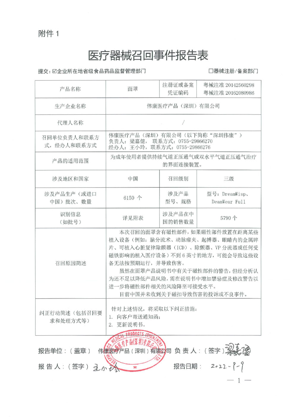 伟康医疗产品（深圳）有限公司对面罩主动召回