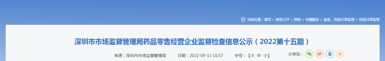 深圳市市场监督管理局药品零售经营企业监督检查信息公示（2022第十五期）