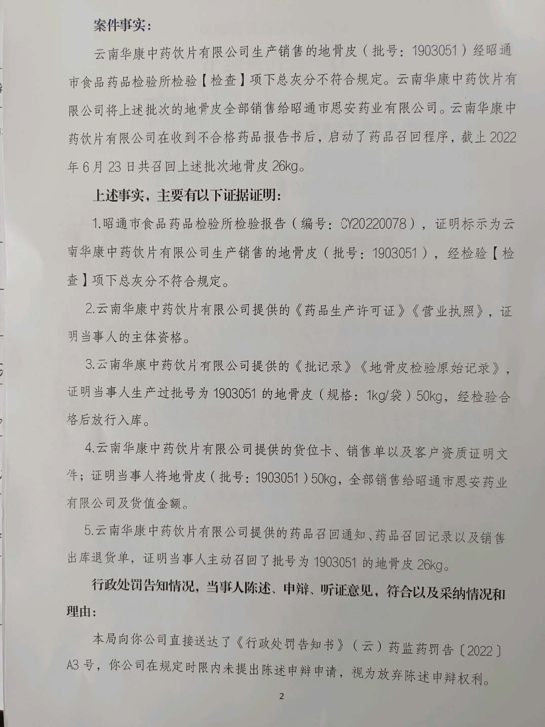 云南省药品监督管理局2022年行政处罚信息公示数据（第10部分）