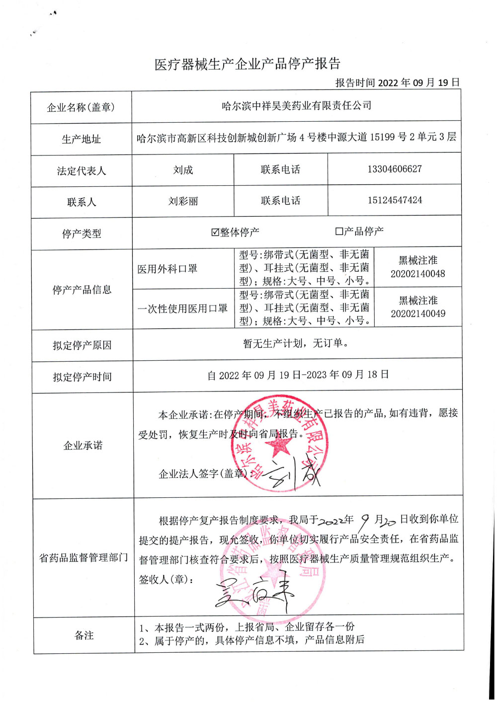 医疗器械生产企业产品停产报告（哈尔滨中祥昊美药业有限责任公司）