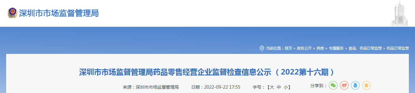 深圳市市场监督管理局药品零售经营企业监督检查信息公示（2022第十六期）