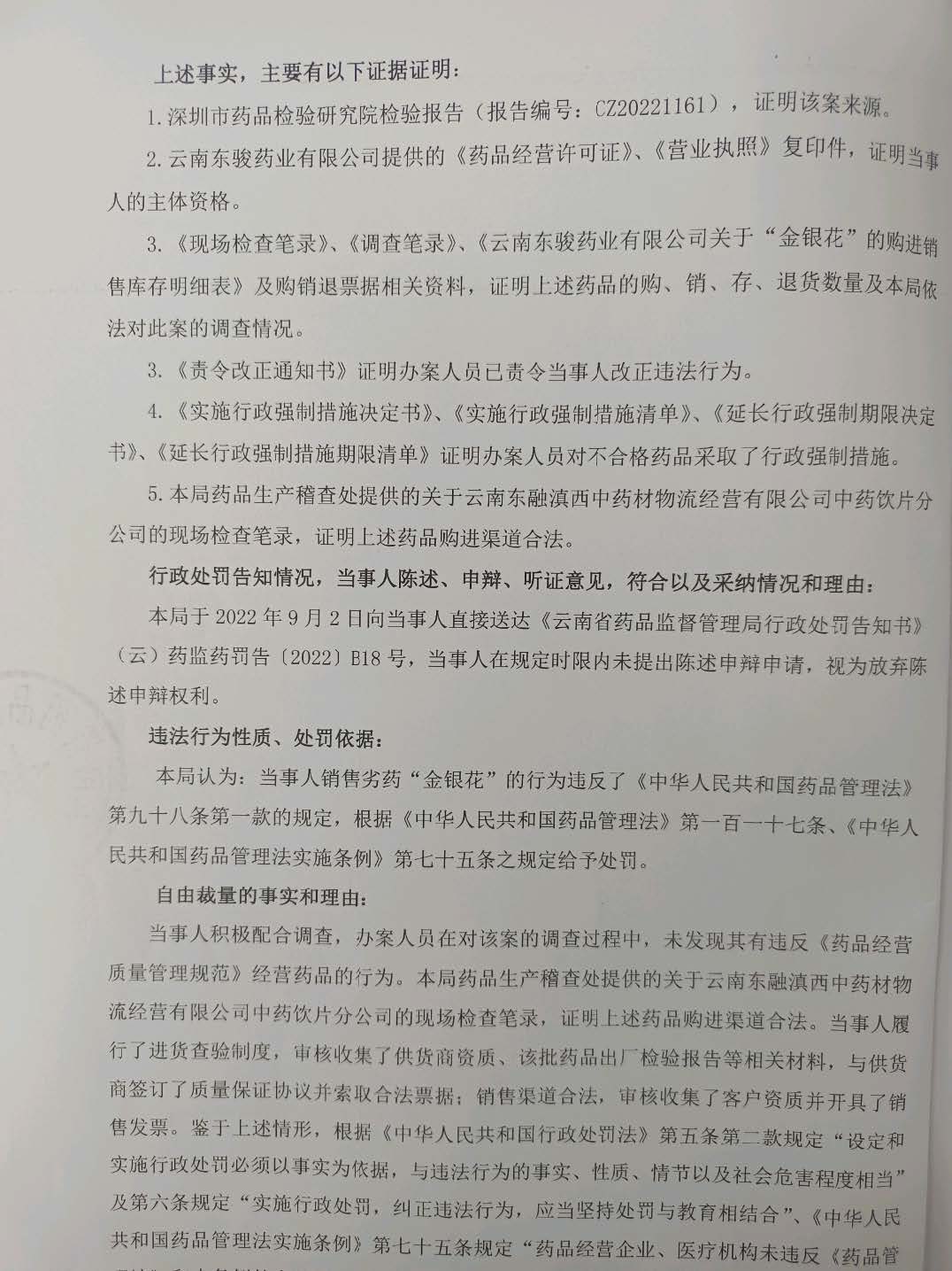 云南省药品监督管理局2022年行政处罚信息公示数据（第11部分）