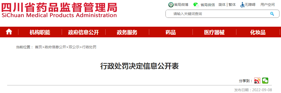 四川药品监督管理局行政处罚决定信息公开表（川药监罚决〔2022〕2003号）