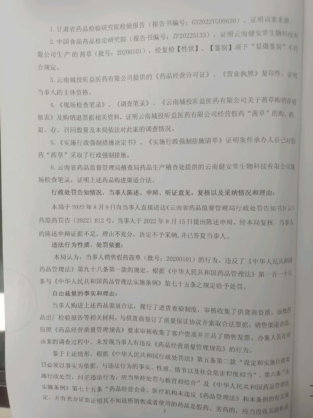 云南省药品监督管理局2022年行政处罚信息公示数据（第12部分）