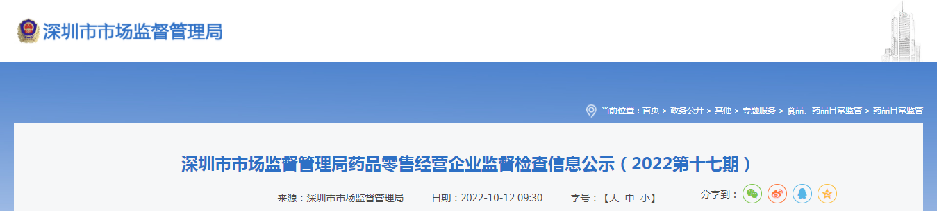 深圳市市场监督管理局药品零售经营企业监督检查信息公示（2022第十七期）