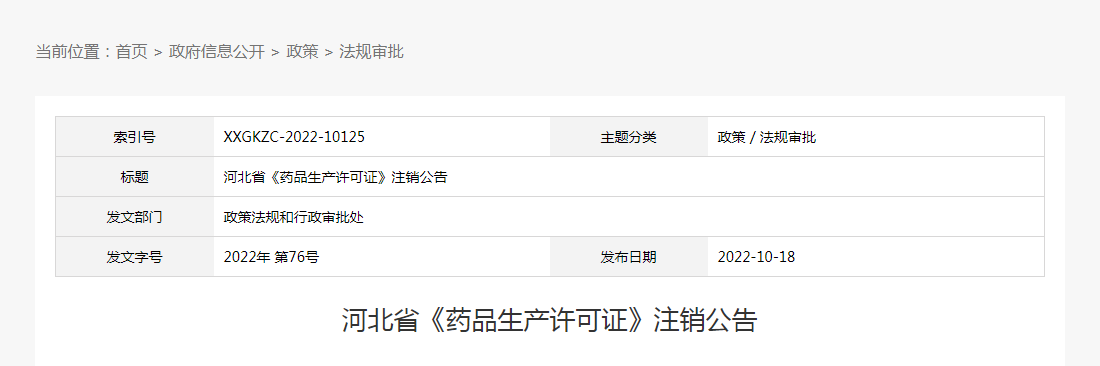 河北省《药品生产许可证》注销公告（2022年第76号）