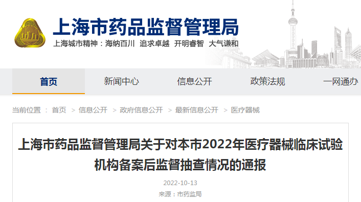 上海市药品监督管理局关于对本市2022年医疗器械临床试验机构备案后监督抽查情况的通报（沪药监械注〔2022〕267号）