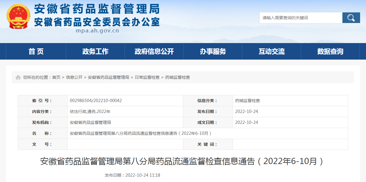 安徽省药品监督管理局第八分局药品流通监督检查信息通告（2022年6-10月）