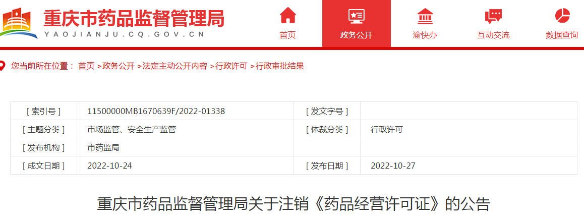 重庆市药品监督管理局关于注销《药品经营许可证》的公告（重庆崇菲大药房连锁有限公司）
