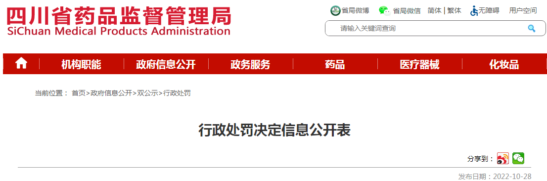 四川药品监督管理局行政处罚决定信息公开表（川药监罚决〔2022〕8001号）