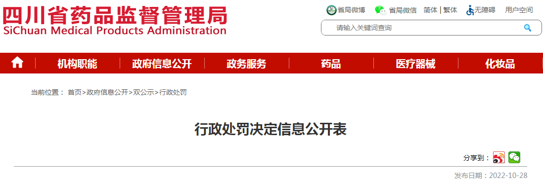 四川药品监督管理局行政处罚决定信息公开表（川药监罚决〔2022〕8002号）