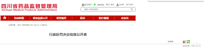 四川药品监督管理局行政处罚决定信息公开表（川药监罚决〔2022〕4003号）