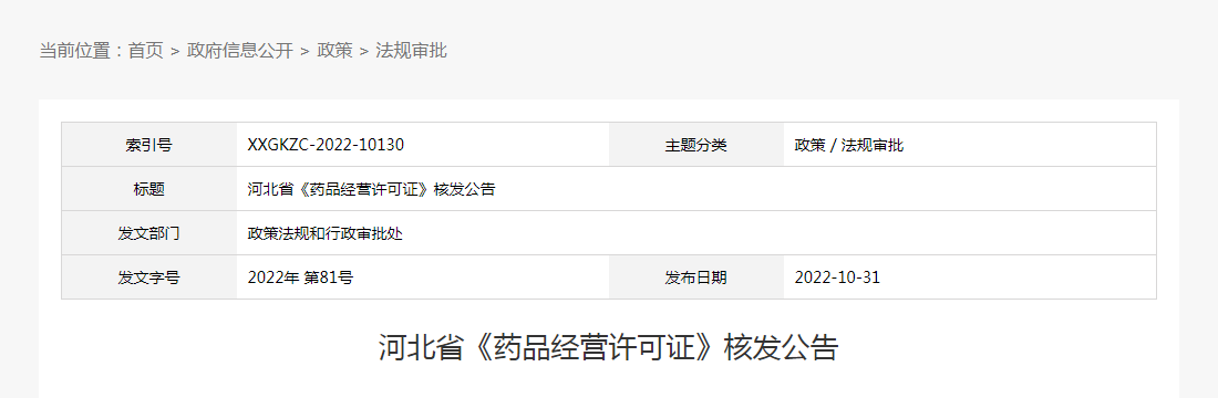 河北省《药品经营许可证》核发公告（2022年第81号）