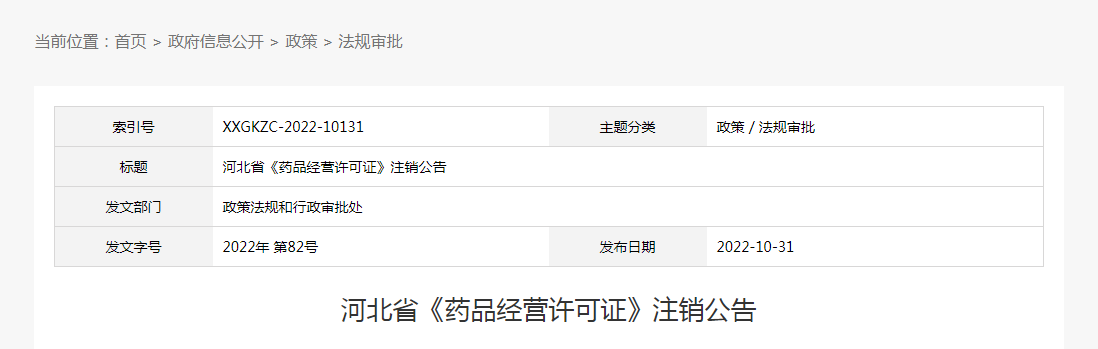 河北省《药品经营许可证》注销公告（2022年第82号）