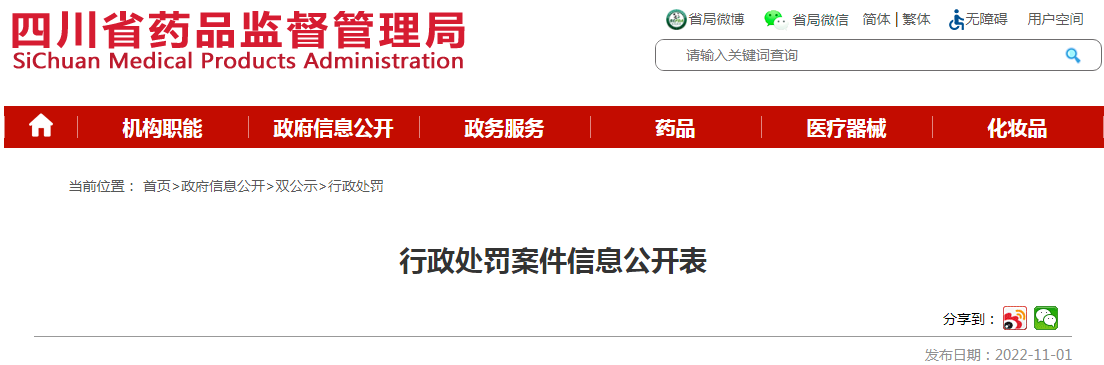 四川省药品监督管理局行政处罚案件信息公开表（川药监罚决〔2022〕1015号）