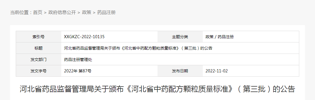 河北省药品监督管理局关于颁布《河北省中药配方颗粒质量标准》（第三批）的公告