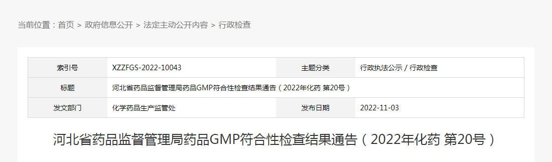 河北省药品监督管理局药品GMP符合性检查结果通告（2022年化药第20号）