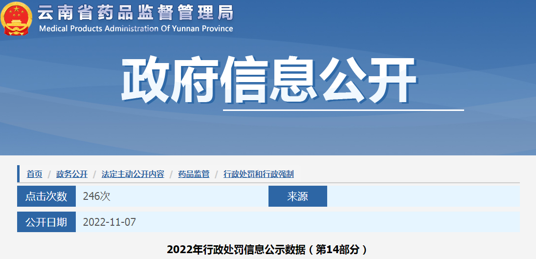 云南省药品监督管理局2022年行政处罚信息公示数据（第14部分）