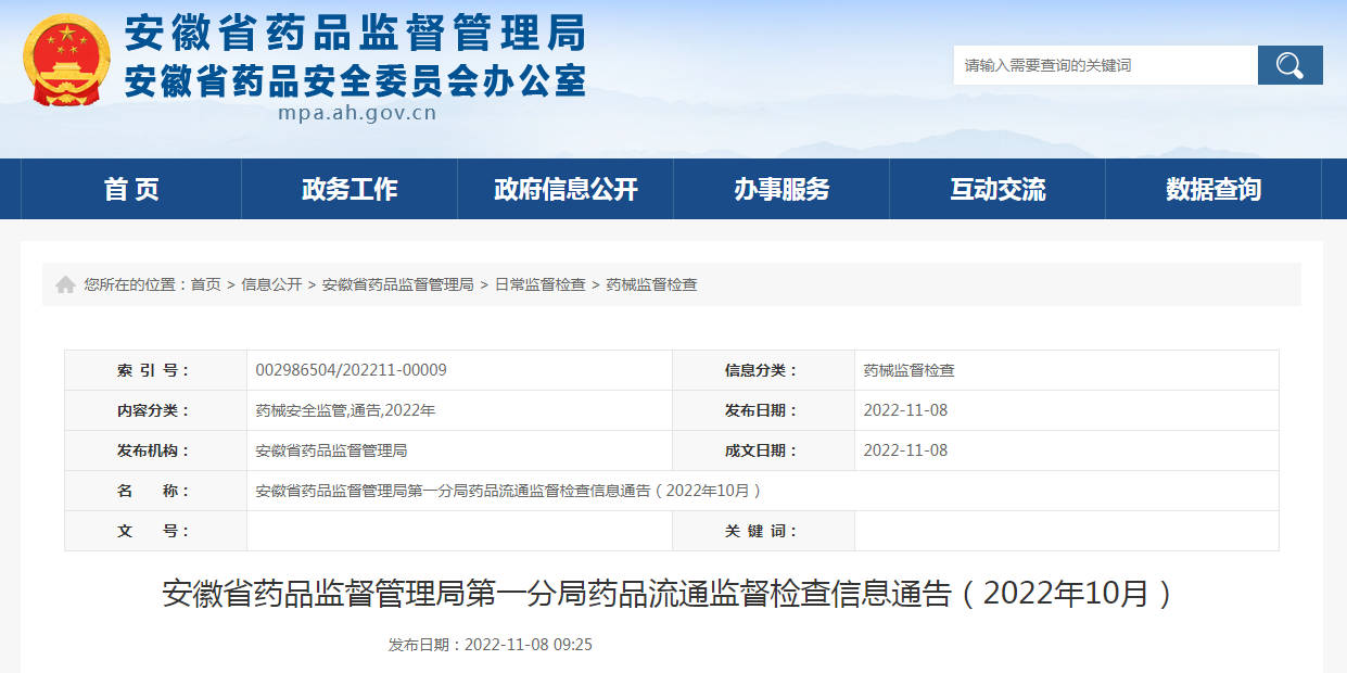安徽省药品监督管理局第一分局药品流通监督检查信息通告（2022年10月）