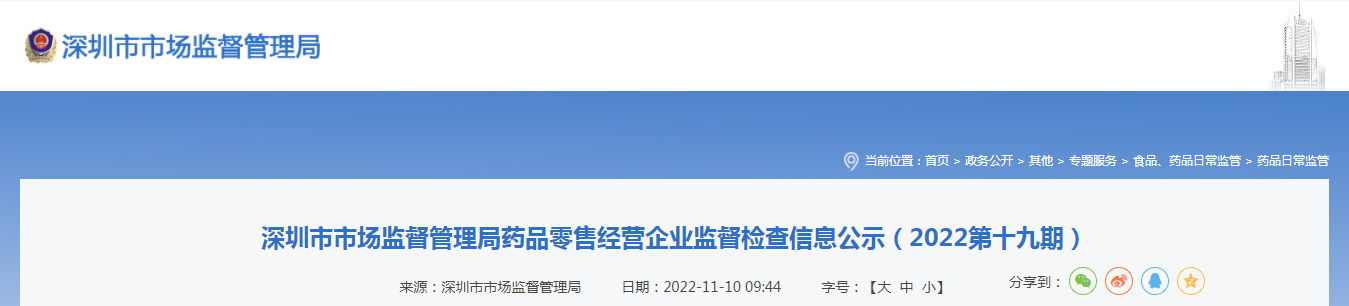 深圳市市场监督管理局药品零售经营企业监督检查信息公示（2022第十九期）