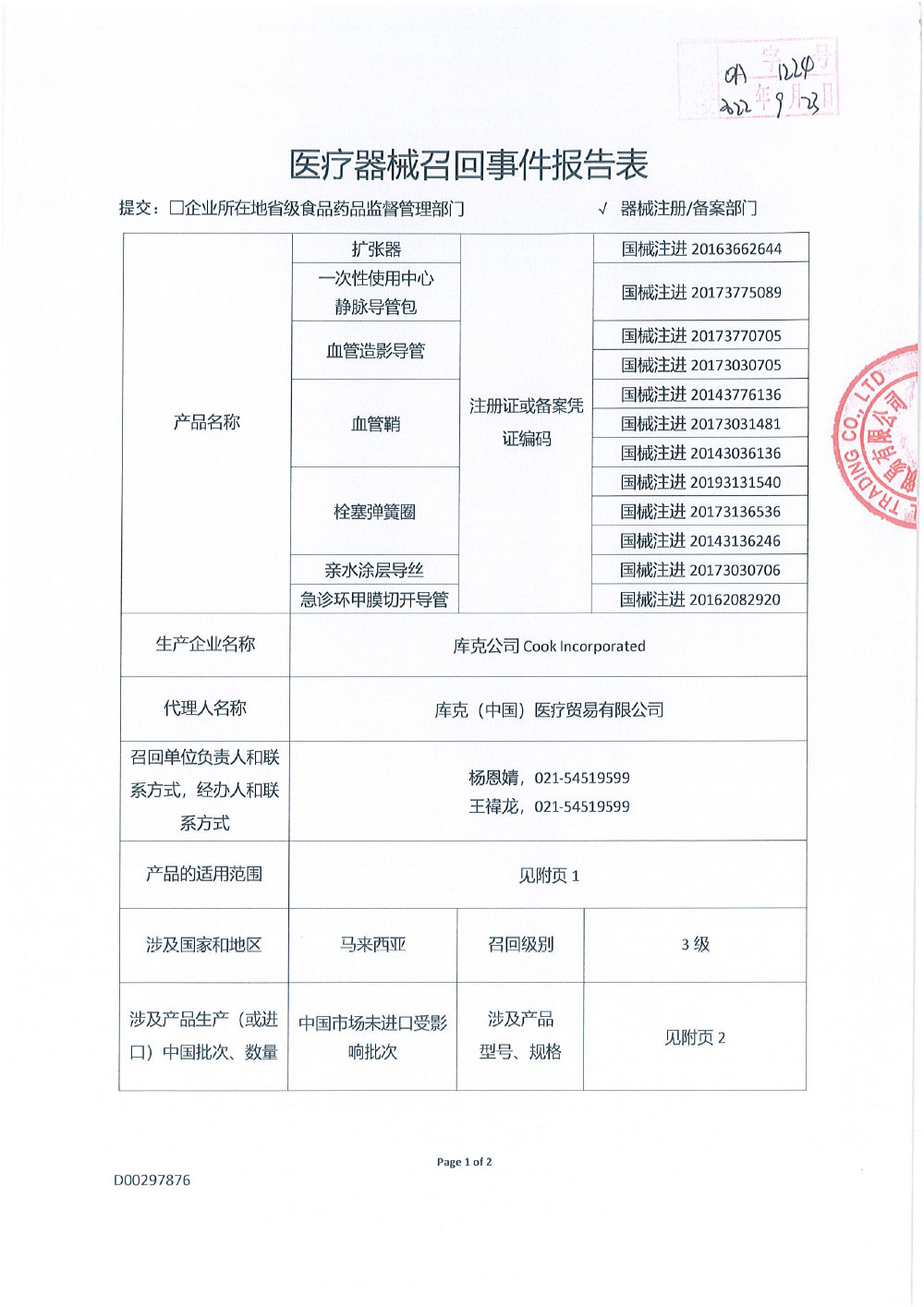 Cook Incorporated 库克公司对扩张器、一次性使用中心静脉导管包、血管造影导管、血管鞘、栓塞弹簧圈、亲水涂层导丝、急诊环甲膜切开导管主动召回