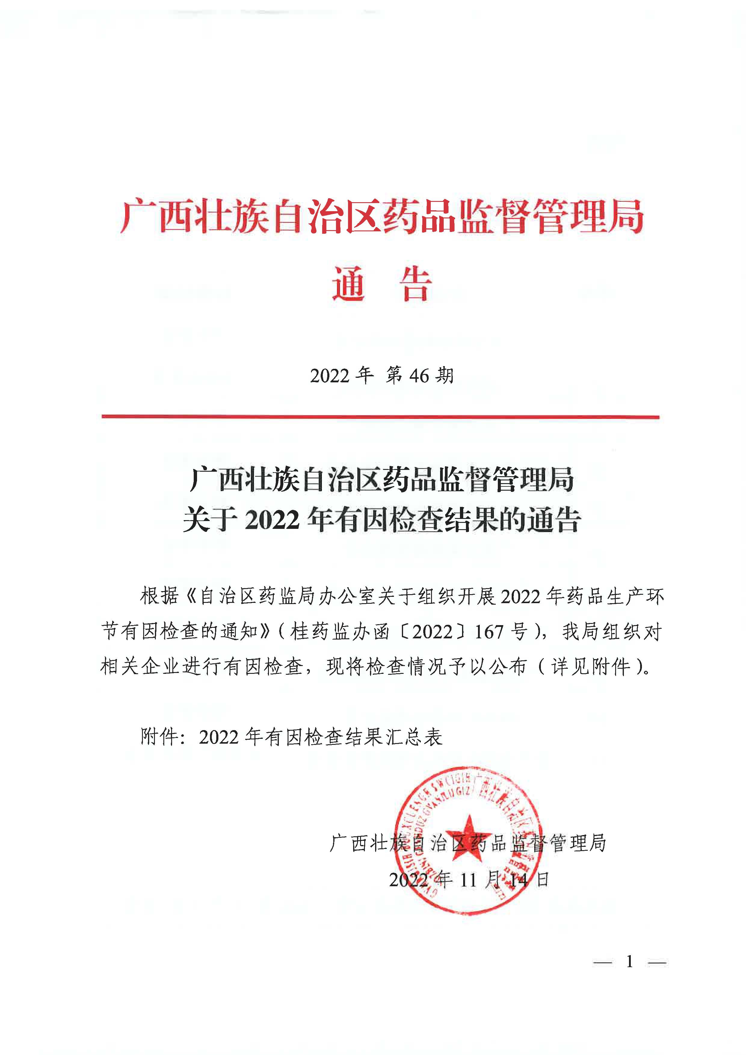 广西壮族自治区药品监督管理局关于2022年有因检查结果的通告（2022年 第46期）