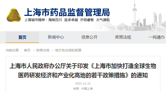 上海市人民政府办公厅关于印发《上海市加快打造全球生物医药研发经济和产业化高地的若干政策措施》的通知