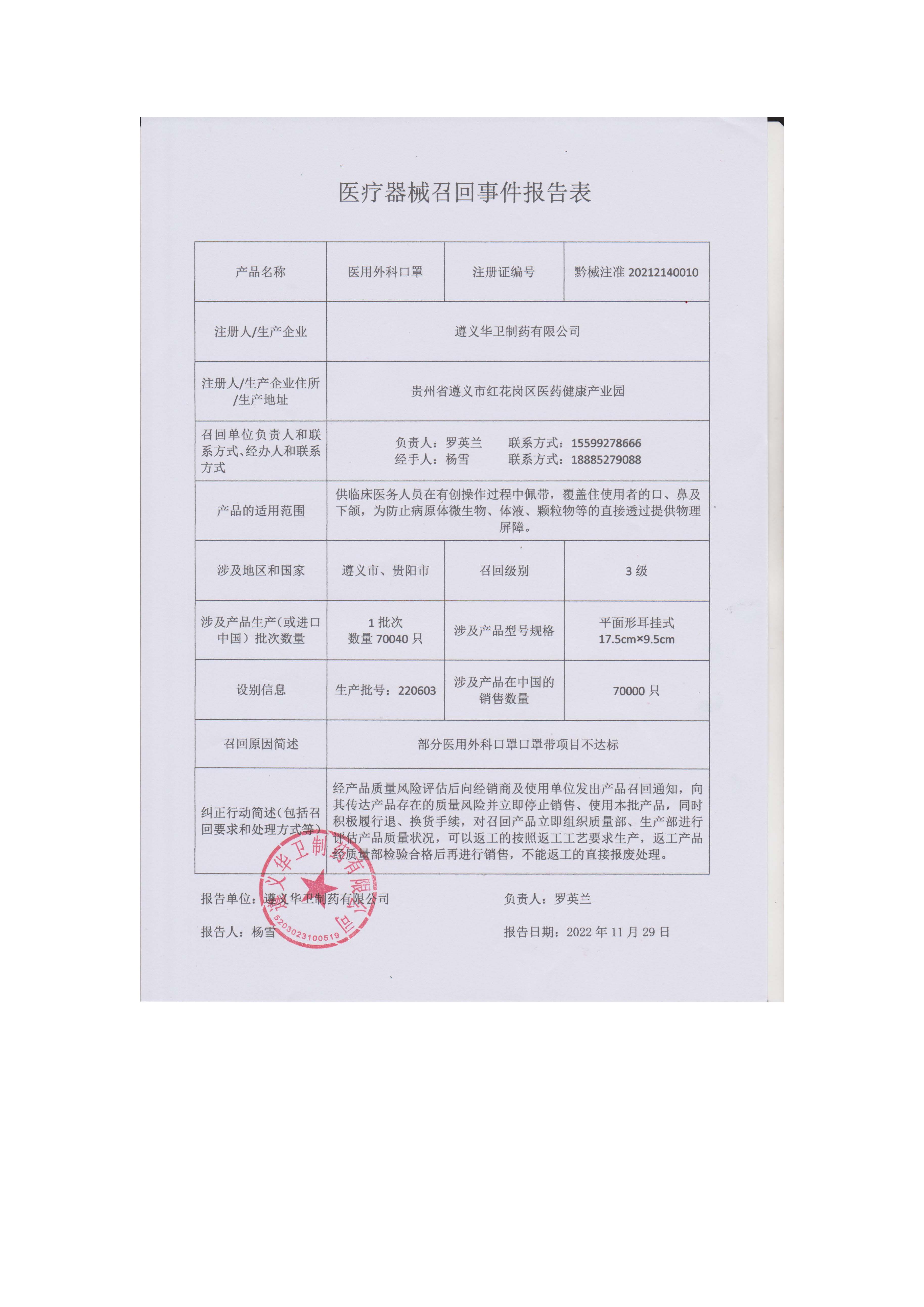 遵义华卫制药有限公司对医用外科口罩开展召回（批号220603）