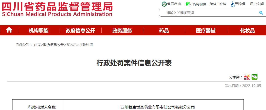 四川省药品监督管理局行政处罚案件信息公开表(川药监罚决〔2022〕1034号) 四川省药品监督管理局行政处罚案件信息公开表(川药监罚决〔2022〕1034号)