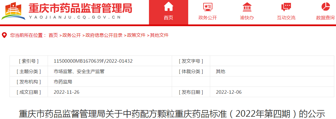 重庆市药品监督管理局关于中药配方颗粒重庆药品标准（2022年第四期）的公示