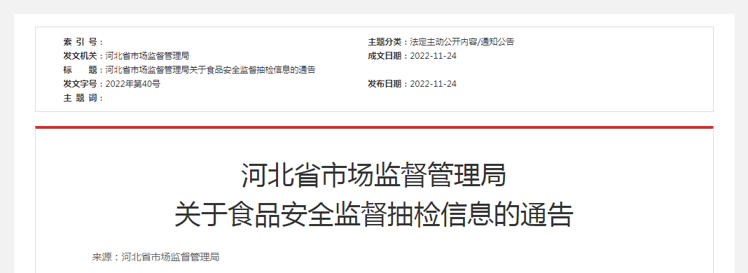 河北省市场监督管理局关于食品安全监督抽检信息的通告（2022年第40号）