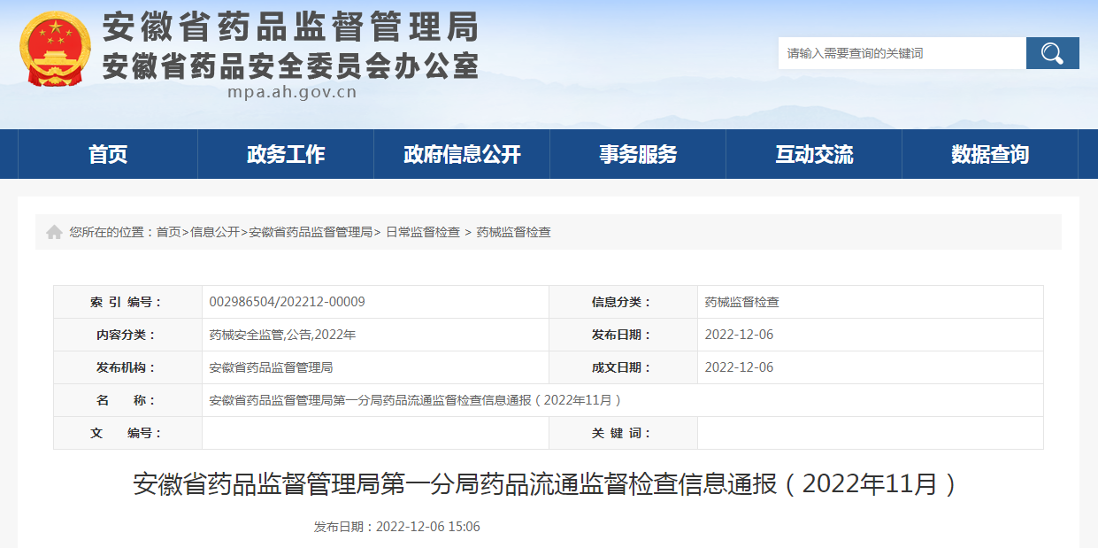 安徽省药品监督管理局第一分局药品流通监督检查信息通告（2022年11月）