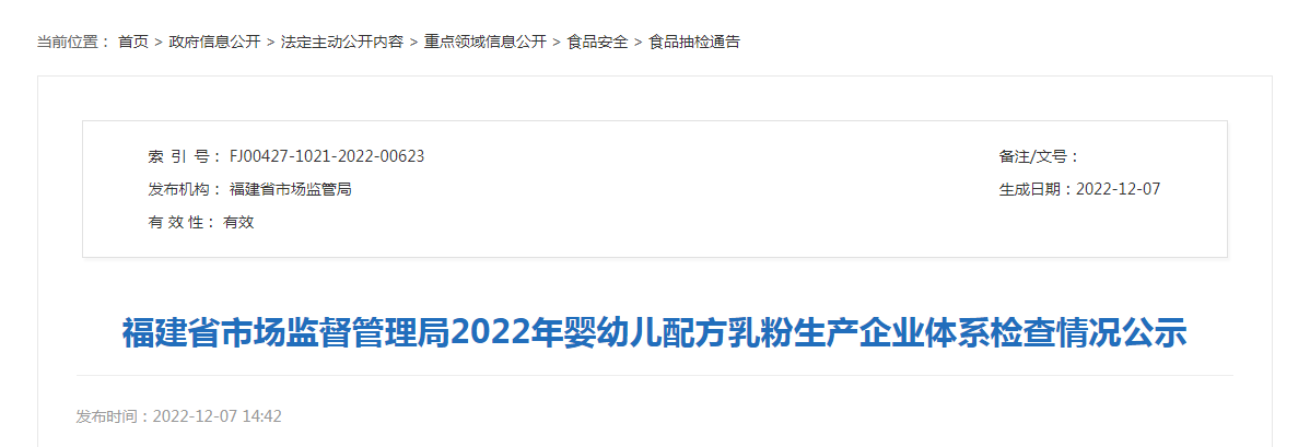 福建省市场监督管理局2022年婴幼儿配方乳粉生产企业体系检查情况公示