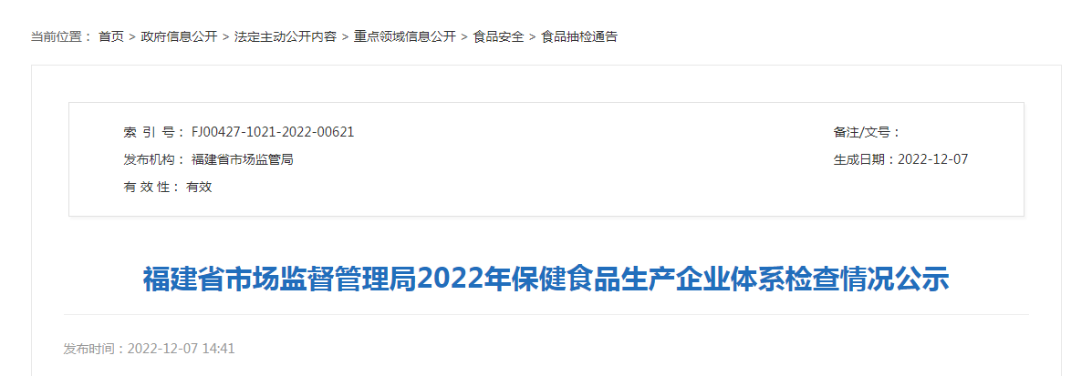 福建省市场监督管理局2022年保健食品生产企业体系检查情况公示