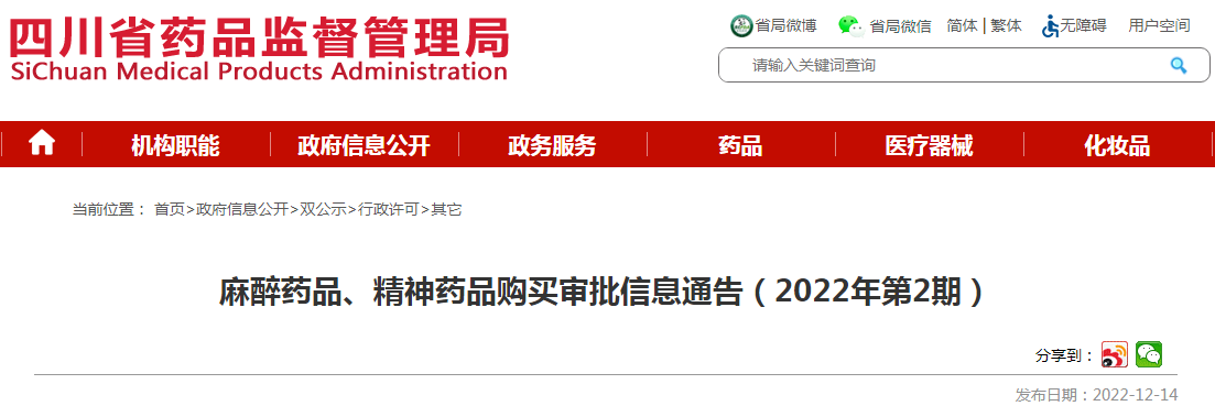 四川省药品监督管理局麻醉药品、精神药品购买审批信息通告（2022年第2期）
