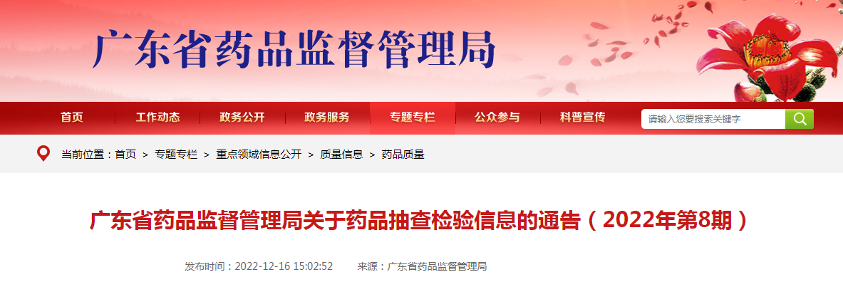 广东省药品监督管理局关于药品抽查检验信息的通告（2022年第8期）