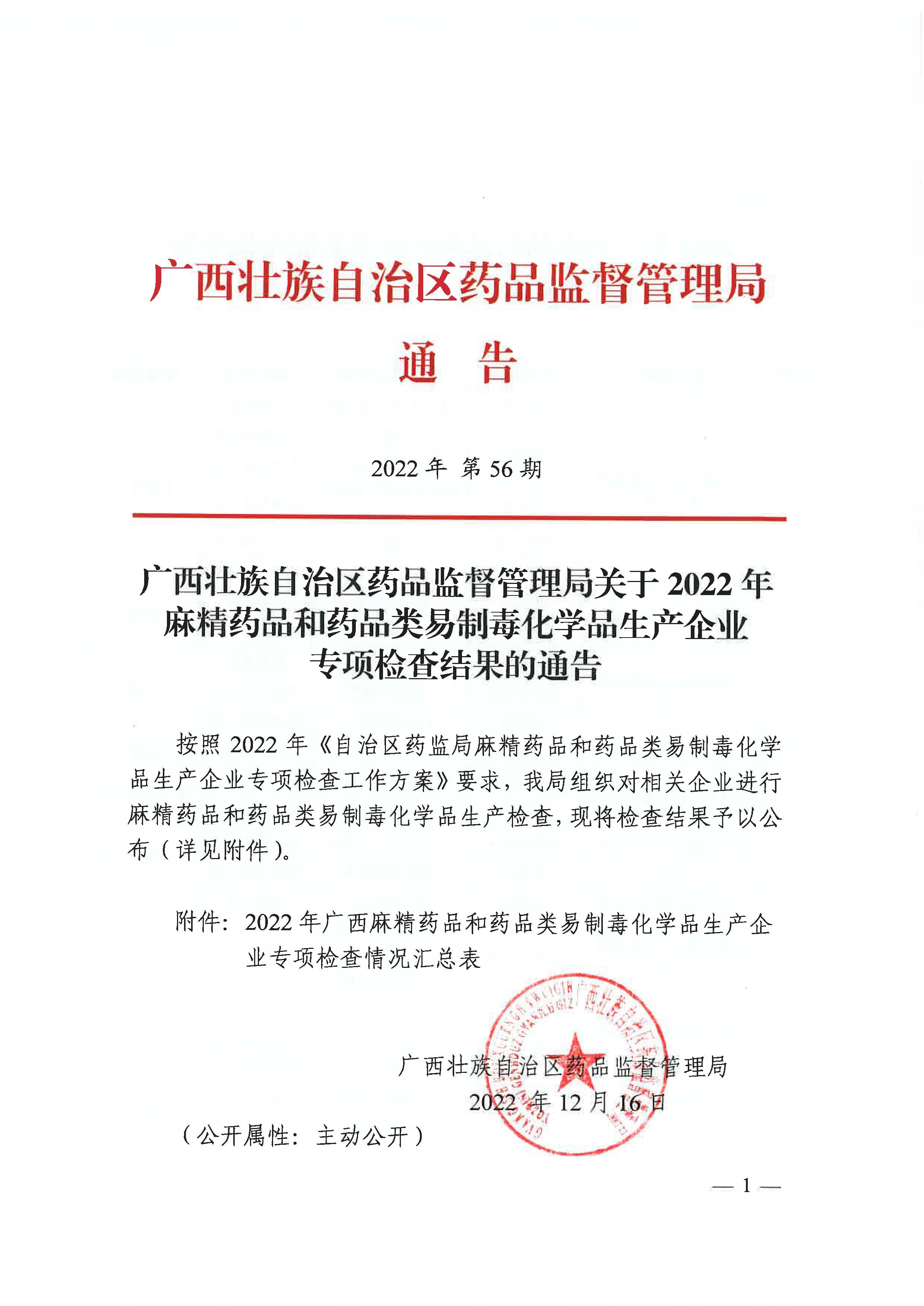 广西壮族自治区药品监督管理局关于2022年麻精药品和药品类易制毒化学品生产企业专项检查结果的通告（2022年 第56期）