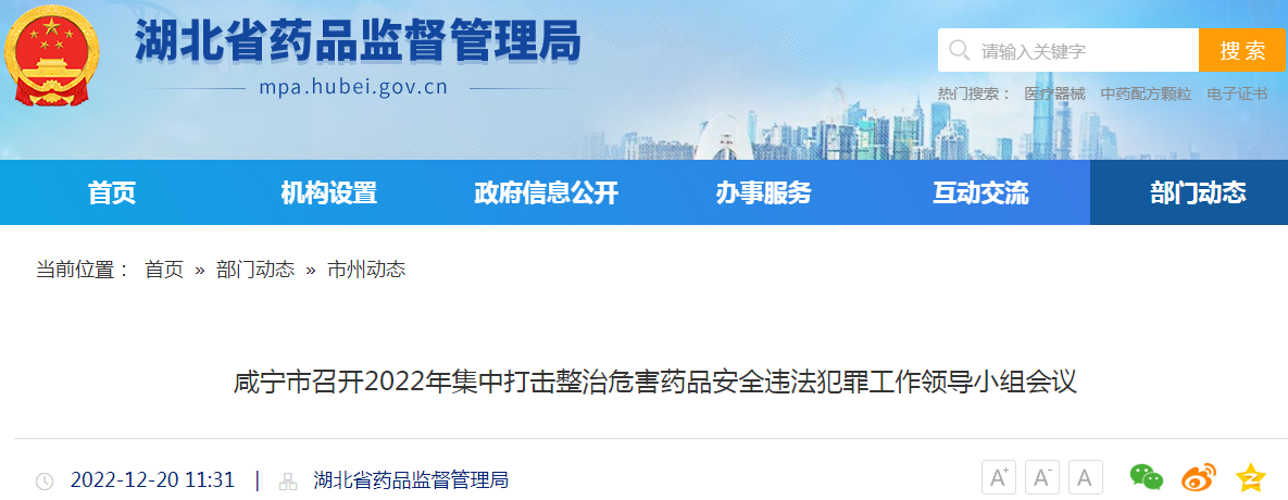 湖北省咸宁市召开2022年集中打击整治危害药品安全违法犯罪工作领导小组会议