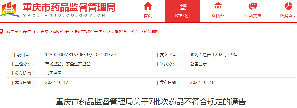 重庆市药品监督管理局关于7批次药品不符合规定的通告（2022-10-24）