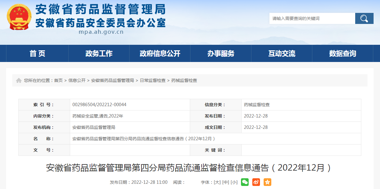 安徽省药品监督管理局第四分局药品流通监督检查信息通告（2022年12月）