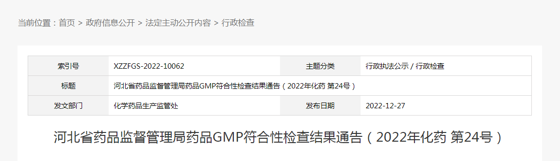 河北省药品监督管理局药品GMP符合性检查结果通告（2022年化药第24号）