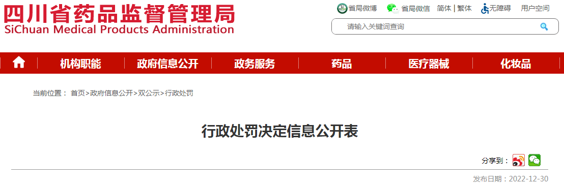 四川省药品监督管理局行政处罚决定信息公开表（川药监罚决〔2022〕4004号）