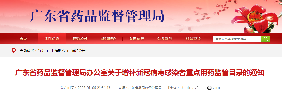 广东省药品监督管理局办公室关于增补新冠病毒感染者重点用药监管目录的通知（粤药监办药一〔2023〕4号）
