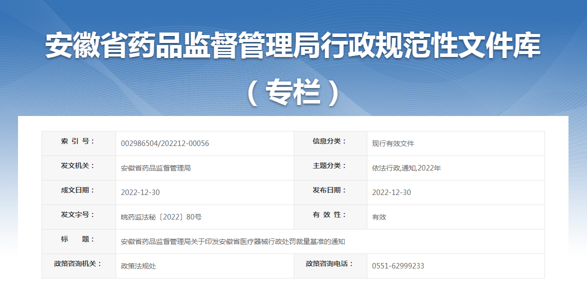 安徽省药品监督管理局关于印发安徽省医疗器械行政处罚裁量基准的通知（皖药监法秘〔2022〕80号）