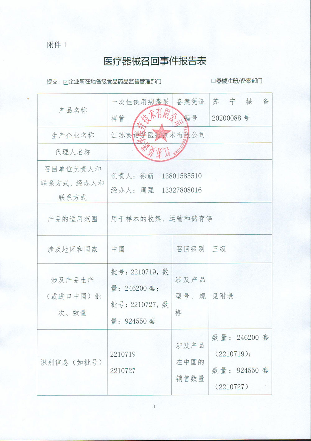 江苏英诺华医疗技术有限公司报告，该企业在留样库检查发现两个批号产品标签标识不一致，现主动召回，召回级别为三级。