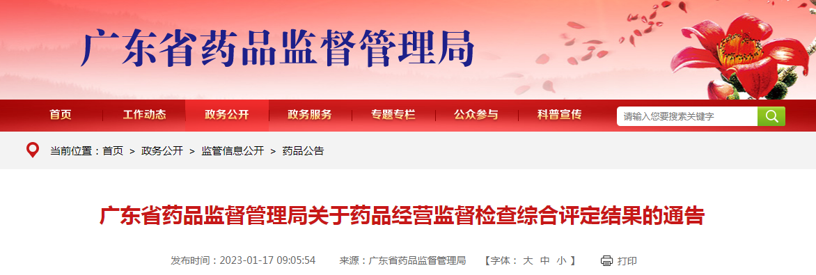 广东省药品监督管理局关于药品经营监督检查综合评定结果的通告（2023年第4号）