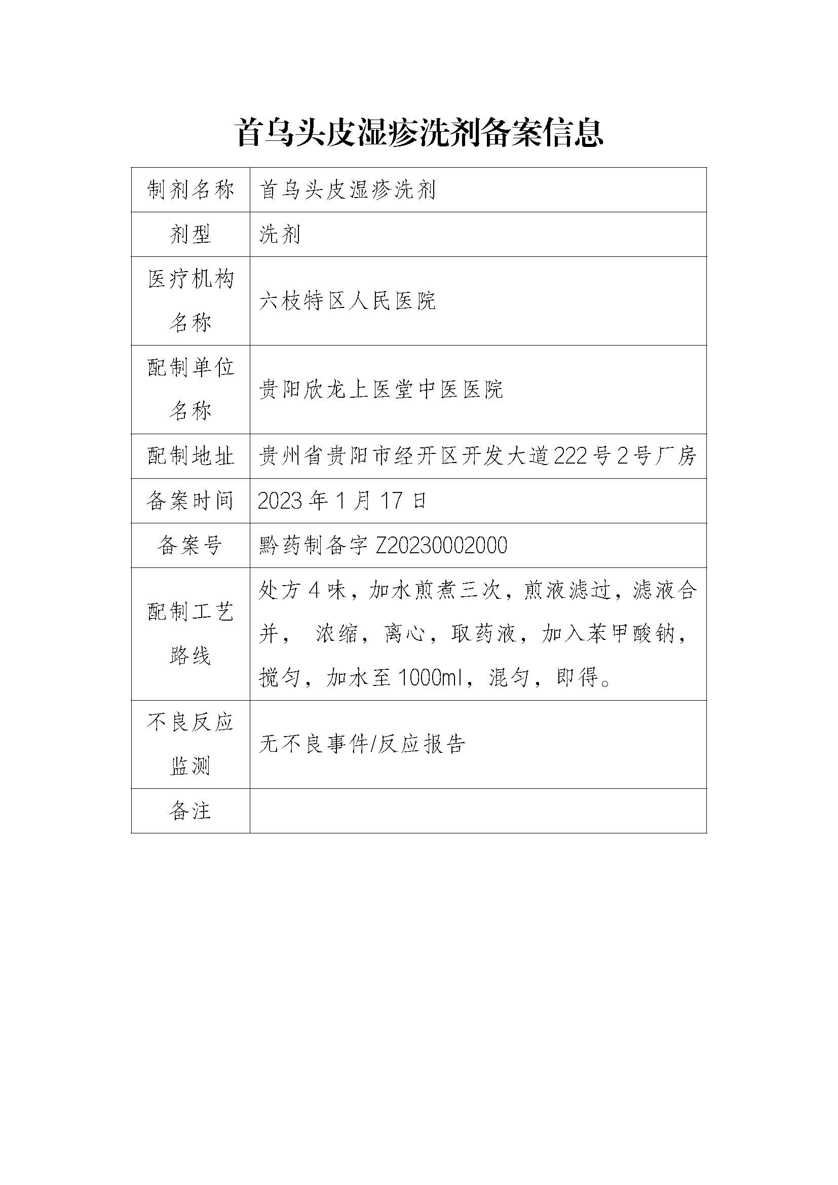 贵州省药品监督管理局关于医疗机构应用传统工艺配制中药制剂备案信息的公示（2023年第1期）