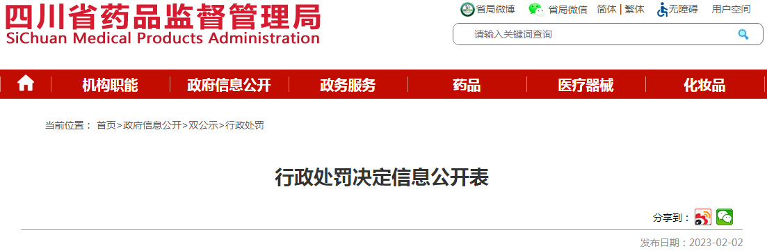 四川省药品监督管理局行政处罚决定信息公开表（川药监罚决〔2022〕2015号）