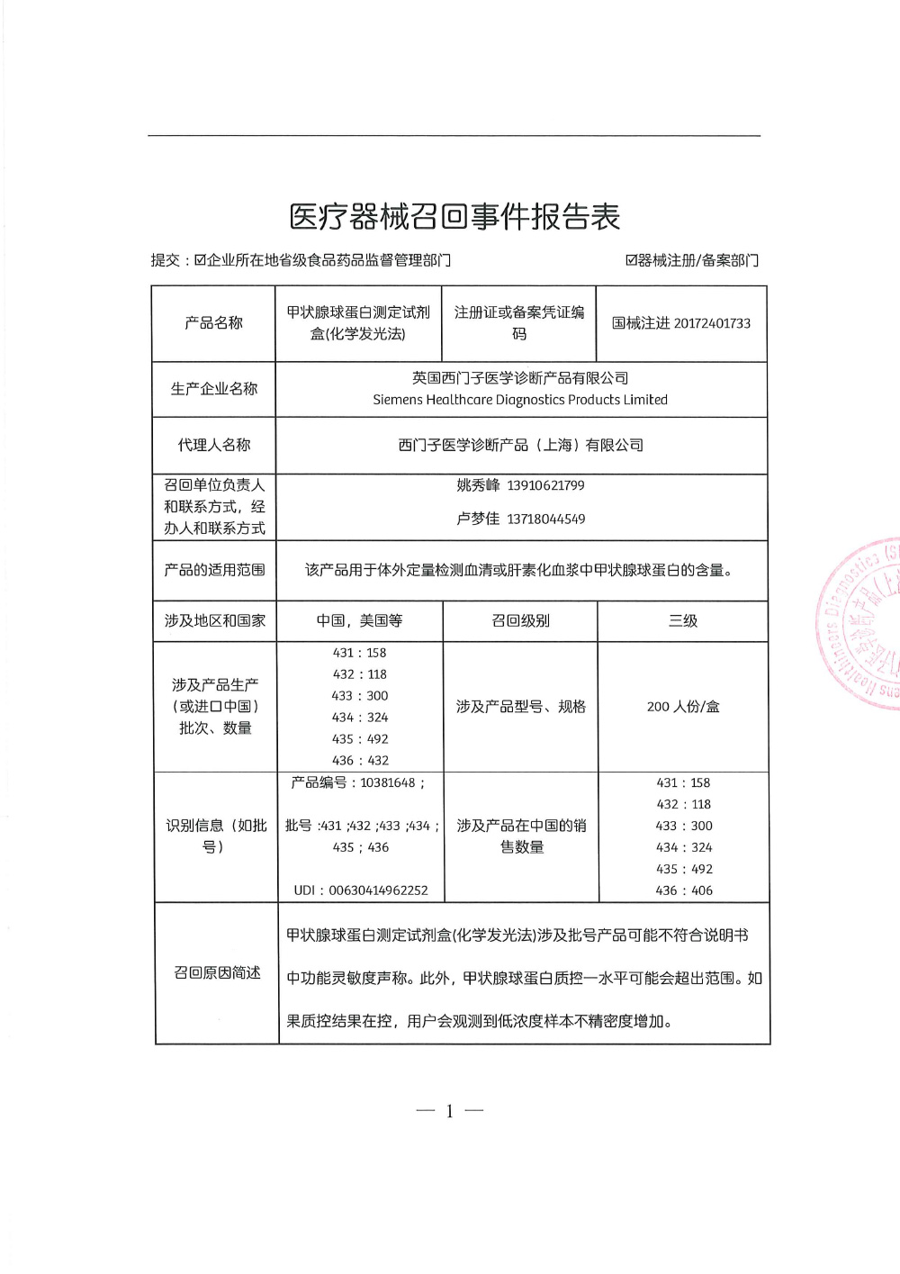 西门子医学诊断产品（上海）有限公司对甲状腺球蛋白测定试剂盒（化学发光法）主动召回